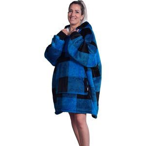 Q-Living Hoodie Deken - Extra Lang & Dik - Snuggie - Plaid Met Mouwen - Snuggle Hoodie - Fleece Deken Met Mouwen - 1450 gram - Blauw/Zwart Geblokt