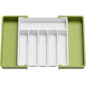 Zilverwerk Organizer, Uitbreidbare Gebruiksvoorwerpen Tray voor Lade, Verstelbare Couvert en Bestek Houder, Compacte Plastic Lade Opbergruimte Lepels Vorken Messen, Groot, Groen en Wit