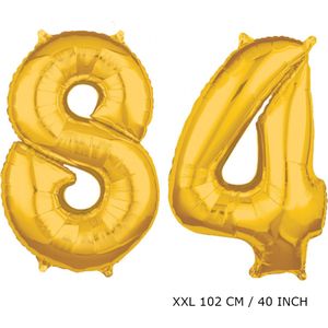 Mega grote XXL gouden folie ballon cijfer 84 jaar. Leeftijd verjaardag 84 jaar. 102 cm 40 inch. Met rietje om ballonnen mee op te blazen.