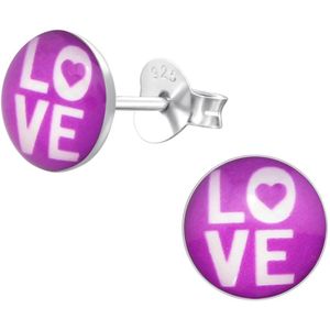 Joy|S - Zilveren ronde oorbellen - Love - paars - 8 mm