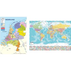 Wereldkaart 70 x 100cm en Nederland kaart 70 x 100 cm - duo set - luxe kwaliteit