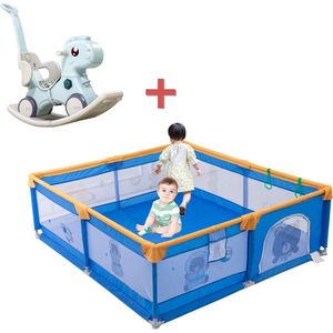 Baby Speelbox - Grondbox - Inclusief 60x Speelballen - Blauw Hobbelpaard met armleuningen - Kruipbox met opbergtas - Kinderbox - Playpen -180 x 150 x 65cm - Blauw
