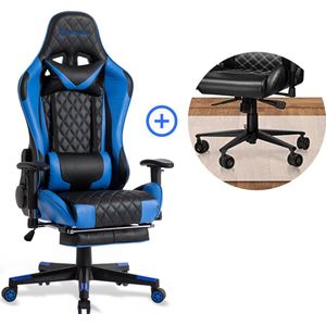 FOXSPORT verstelbare gaming chair - PC-bureaustoel met voetsteun - hoogte en helling verstelbaar - met hoofdsteun en lendensteun - gamingstoel voor kantoor - Met vloerbeschermingsmat - Blauw