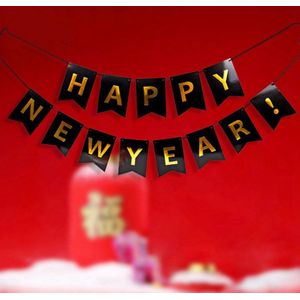 Happy New Year Slinger – Banner –  Letterbanner - Oud En Nieuw Versiering – Feest Decoratie – NYE Vlaggenlijn Voor Binnen En Buiten – Jaarwisseling 2022 – Nieuwjaar Party - Letterslinger Zwart Goud –