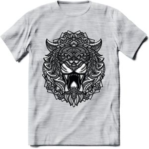 Tijger - Dieren Mandala T-Shirt | Grijs | Grappig Verjaardag Zentangle Dierenkop Cadeau Shirt | Dames - Heren - Unisex | Wildlife Tshirt Kleding Kado | - Licht Grijs - Gemaleerd - M