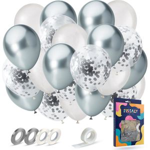 Fissaly 40 stuks Zilver, Wit & Zilveren Papieren Confetti Helium Latex Ballonnen met Accessoires – Metallic Chrome - Decoratie