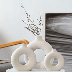 Witte donut keramische decoratieve vazen - set van 3 vazen voor pampasgras - modern Scandinavische boho decoratie - beige vaas voor woonkamer hal - bruiloft vensterbank tafel feest woondecoratie raamdecoratie vensterbank