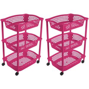2x stuks keuken/kamer opberg trolleys/roltafels met 3 manden 62 x 41 cm fuchsia roze - Etagewagentje met opbergkratten