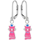 Oorbellen meisje | Zilveren kinderoorbellen | Zilveren oorhangers, roze kat met blauw kroontje