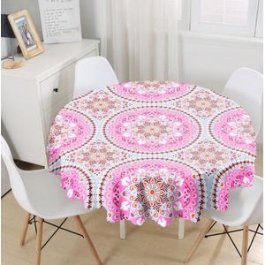 Rond Tafelkleed Ø140cm - De Groen Home - Bedrukt Velvet Textiel - Roze mandala - Tafelkleed