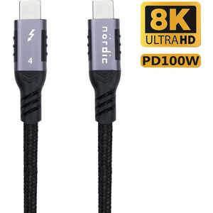 NÖRDIC TB4-051 USB-C Kabel - Thunderbolt 4 - 40Gbps - 100W PD - 8K - USB4 - Thunderbolt 3 - 50cm - Zwart