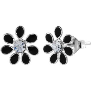 Oorbellen zilver | Oorstekers | Zilveren oorstekers, bloem met kristal en zwarte blaadjes