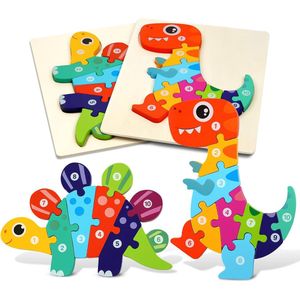 Houten Puzzels, 2 Stuks 3D Dierenpuzzel Speelgoed Baby's Games, Sorteer speelgoed, Vormnummerpuzzel, Houten Legpuzzels voor Peuters,cadeau educatief speelgoed voor kinderen van 1-3 jaar (Dinosaur)