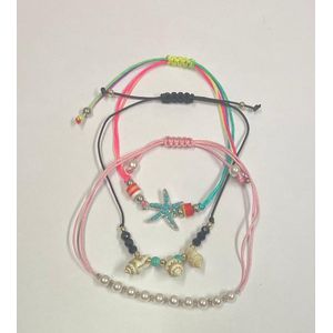 Yehwang Set van 3 Armbandjes - Boho Ibiza Stijl - Met aantrekkoord - Ster/Schelp/Parels