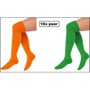 10x Paar Lange sokken oranje en groen gebreid mt.41-47 - Tiroler heren dames kniekousen kousen voetbalsokken festival Carnaval voetbal