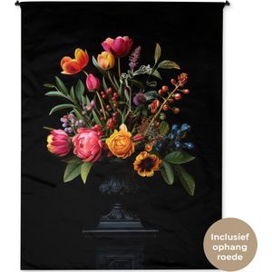 Wandkleed 150x200 cm - Wanddoek Tulpen - Bessen - Boeket - Vaas - Wandtapijt - Wandkleden