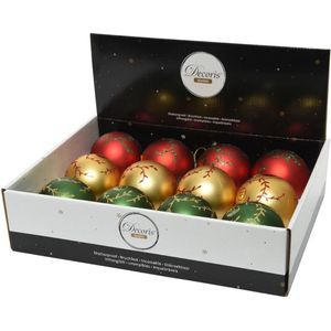 Decoris Kerstballen kunststof Ø8cm doos a 12 stuks mat finish licht goud, rood en groen