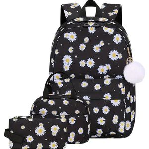 Ultiluxe® Rugzak met margrietjes 3 stuks - Zwart/wit - 30 x 20 x 43 cm - Rugtas met bloemenprint - Tas, lunchtas, etui - 15.6 inch laptoptas - Meiden school tassen set - 26 L - Schoolrugzak voor kinderen - Schooltas met bloemen voor meisjes