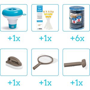Spa Onderhoudsset - Startersset - Onderhoud Spa - bevat Schoonmaaksets - Chloordrijver - Testrips en Filters - Spa Onderhoud Startersset - Onderhoud voor Spa - Geschikt voor alle type Spa's (4-delig)