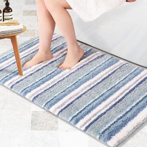 Antislip badmat, badkamertapijt, waterabsorberende badmat voor de badkamer, zachte pluche gestreepte microvezel badmat, douchemat (blauw, 61 x 120 cm)