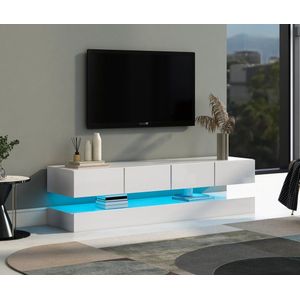 Sweiko LED TV Kast, aan de muur gemonteerde TV-kast, tv-standaard, tv-meubilair met 2-kasten en 4-grote laden, 16-kleur LED-verlichtingskast voor maximaal 55-inch TV Wit 130*33*15cm