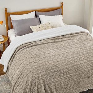 Deken 220 x 240 cm, voor bank, woondeken, gebreide deken, groot, bankdeken, dubbel gezicht, extra zacht, knuffeldeken, wollig, XXL, woonkamer, wollen deken, taupe, bankdeken