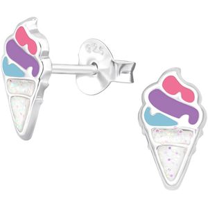 Joy|S - Zilveren ijsje oorbellen - 5 x 10 mm - blauw paars roze met witte glitter