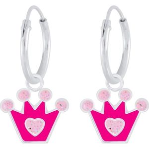 Joy|S - Zilveren kroontje oorbellen - roze - hartje met glitter - oorringen
