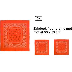 6x Zakdoek fluor oranje met motief 53cm x 53cm - - zakdoek bandana boeren carnaval feest sjaal festival themafeest