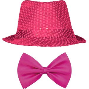 Toppers - Carnaval verkleed set compleet - hoedje en vlinderstrikje - roze - heren/dames - glimmend - verkleedkleding