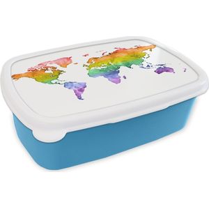 Broodtrommel Blauw - Lunchbox - Brooddoos - Wereldkaart - Pride vlag - Waterverf - 18x12x6 cm - Kinderen - Jongen