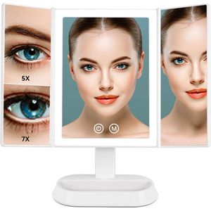Make-up spiegel met LED-Verlichting en Touchscreen, Drievoudig 1x 5x 7x Vergroting, 90 ° Verstelbare Rotatie, Werkt op Batterijen en USB, Aanrecht Cosmetische Spiegel (Wit)