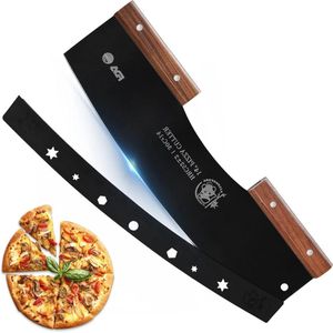 Pizza Rocker with Protective Lid and Walnut Handles - LFGB 14"" Large Sharp Cutter in Black
