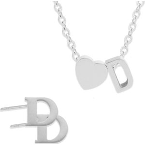 Initiaal Ketting & Oorbellen set met Letter D ZIlverkleurig - Stainless Steel - Met letter & Hartje! - 2x Sieraden Cadeau - Pax Amare