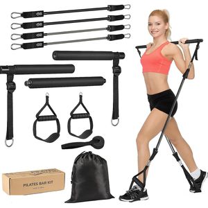 Pilates Bar Set met 4 Latex Elastische Weerstandsbanden 20 lbs 40 lbs 3 Secties Pilates Bar Draagbare Thuis Workout Fitness Voor Yoga, Stretching, Sculpting, Twisting, Squat