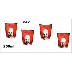 24x Bekers horrorclown 250 ml karton - It clown griezel vlaglijn eng horror the IT Halloween scary