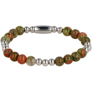 My Bendel Damesarmband zilverkleurig met Unakite edelsteen elastisch - Luxe zilverkleurige armband door combinatie van Unakite edelstenen met edelstalen balletjes - Met luxe cadeauverpakking