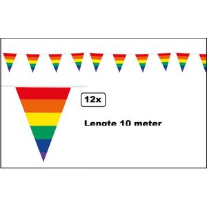 12x Vlaggenlijn Regenboog 10 meter - Kleur pride fun zomers thema feest vrolijk verjaardag festival
