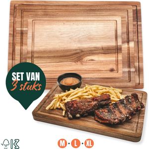 Kook Meesters® Premium Acaciahout Snijplankenset M+L+XL – snijplank / snijplanken / snijplank hout / keukengerei / keuken / snijplank met sapgeul / keukenplanken / borrelplank / tapasplank