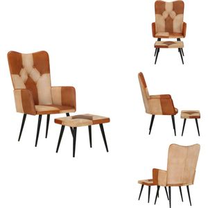 vidaXL Fauteuil Met Voetenbank - Fauteuils Met Voetenbanken - Zetel Met Voetenbankje - Zetel - Fauteuil met voetensteun echt leer en canvas bruin