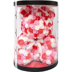 Cupido’s Choice ® Rozen beer in ronde doos met rozenblaadjes – Rozen teddybeer – Rose Bear - Valentijn – Rozenbeer - Rood, Roze en Wit