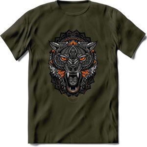 Wolf - Dieren Mandala T-Shirt | Oranje | Grappig Verjaardag Zentangle Dierenkop Cadeau Shirt | Dames - Heren - Unisex | Wildlife Tshirt Kleding Kado | - Leger Groen - XXL