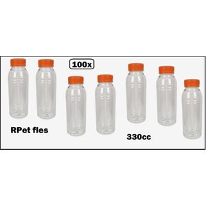 100x Flesje RPET helder 330cc met oranje dop - 38mm x 165mm - vernieuwd - gerecycled PET drinken jus sinas cola festival sappen dranken