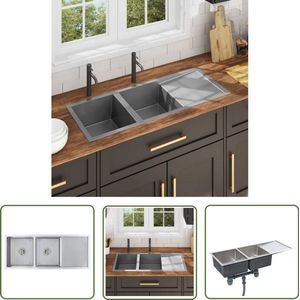 The Living Store Gootsteen handgemaakt roestvrij staal - Keukenspuit - Inox Gootsteen - Dubbel Spoelen - Gootsteen Accessoires - Rvs Gootsteen