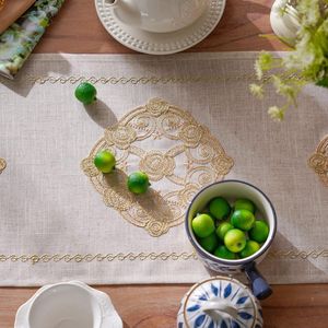 Kanten roos rechthoek tafel vlag tafelkleed pastorale retro prachtige eettafel salontafel open haard kast commode bruiloft vakantie (linnen-goud, 32 x 90 cm)