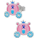 Oorbellen meisjes zilver | Zilveren oorstekers, roze koets met kroontje en andere blauwe details