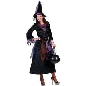 Funny Fashion - Heks & Spider Lady & Voodoo & Duistere Religie Kostuum - Purpuralla Toverspreuk Heks - Vrouw - Zwart - Maat 44-46 - Halloween - Verkleedkleding
