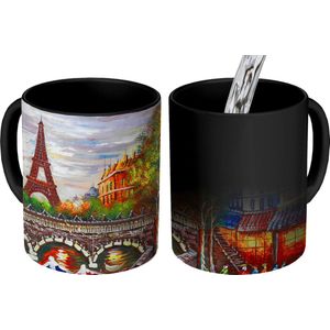 Magische Mok - Foto op Warmte Mokken - Koffiemok - Schilderij - Olieverf - Eiffeltoren - Parijs - Water - Magic Mok - Beker - 350 ML - Theemok