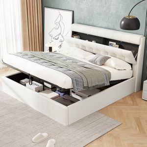 Sweiko Tweepersoonsbed - 180*200 cm - Hydraulisch bed - Hoofdbord opbergruimte - PU - Zonder matras - Wit