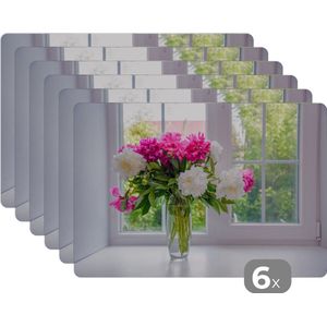 Placemat - Placemats kunststof - Bloemen - Pioenrozen - Vaas - 45x30 cm - 6 stuks - Hittebestendig - Anti-Slip - Onderlegger - Afneembaar